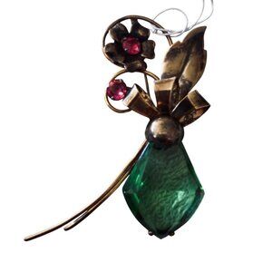 Vintage 12K Gold Filled Brooch With Green Glass & Pink Accents